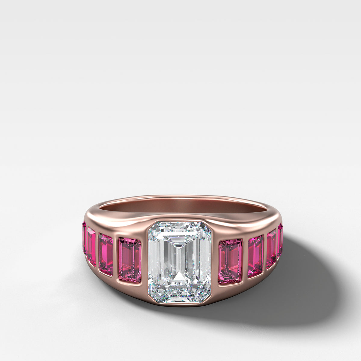 Brick Road Engagement Ring with Ombré Red Rubies and an Emerald Cut