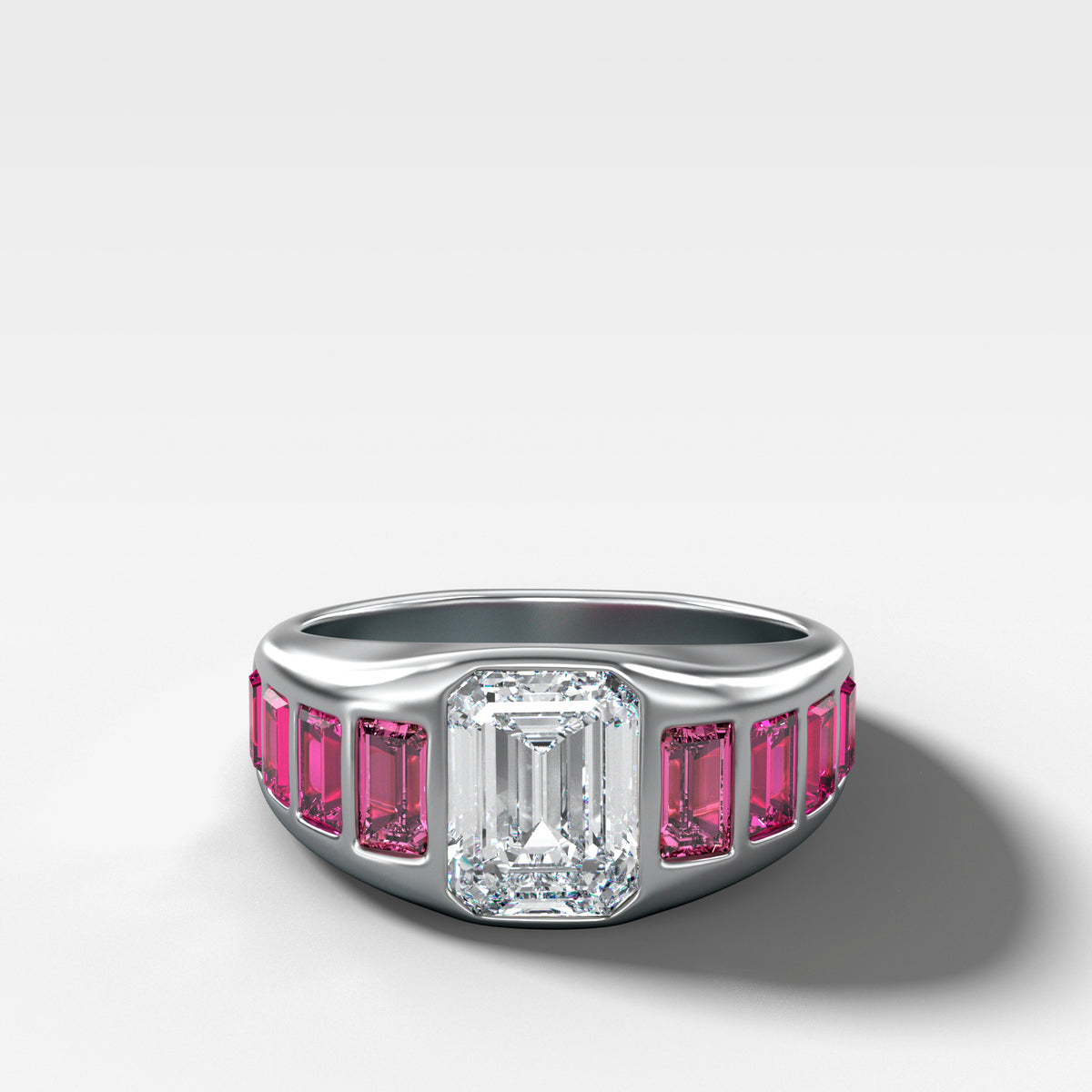 Brick Road Engagement Ring with Ombré Red Rubies and an Emerald Cut