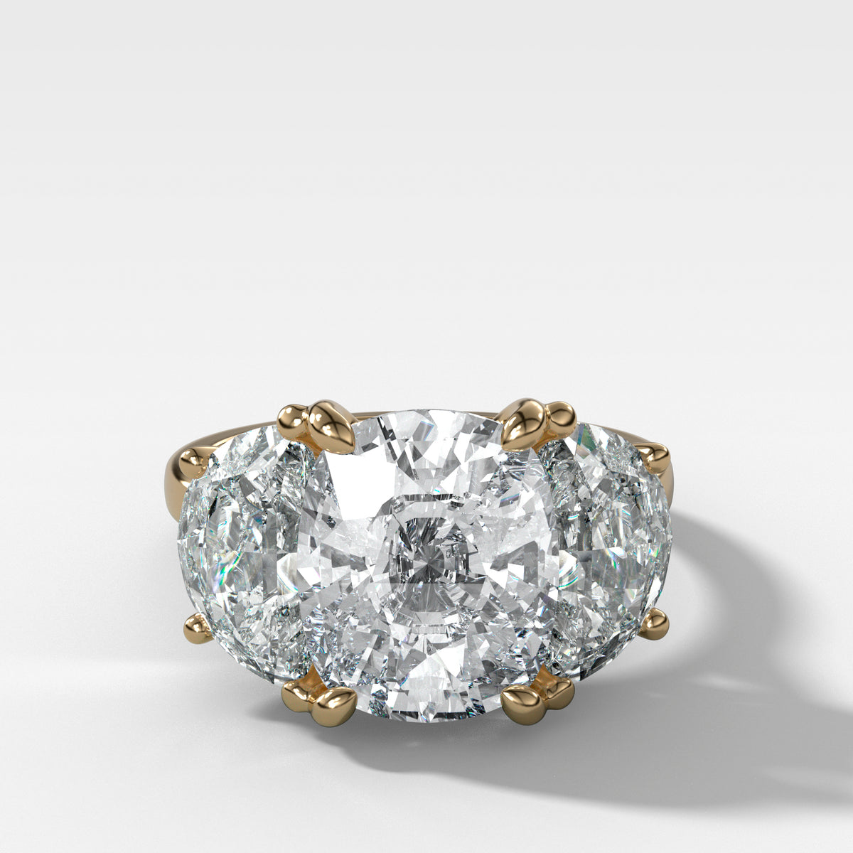 Jumbo Three Stone ring with Half Moon sides &amp; an Elongated Cushion Cut