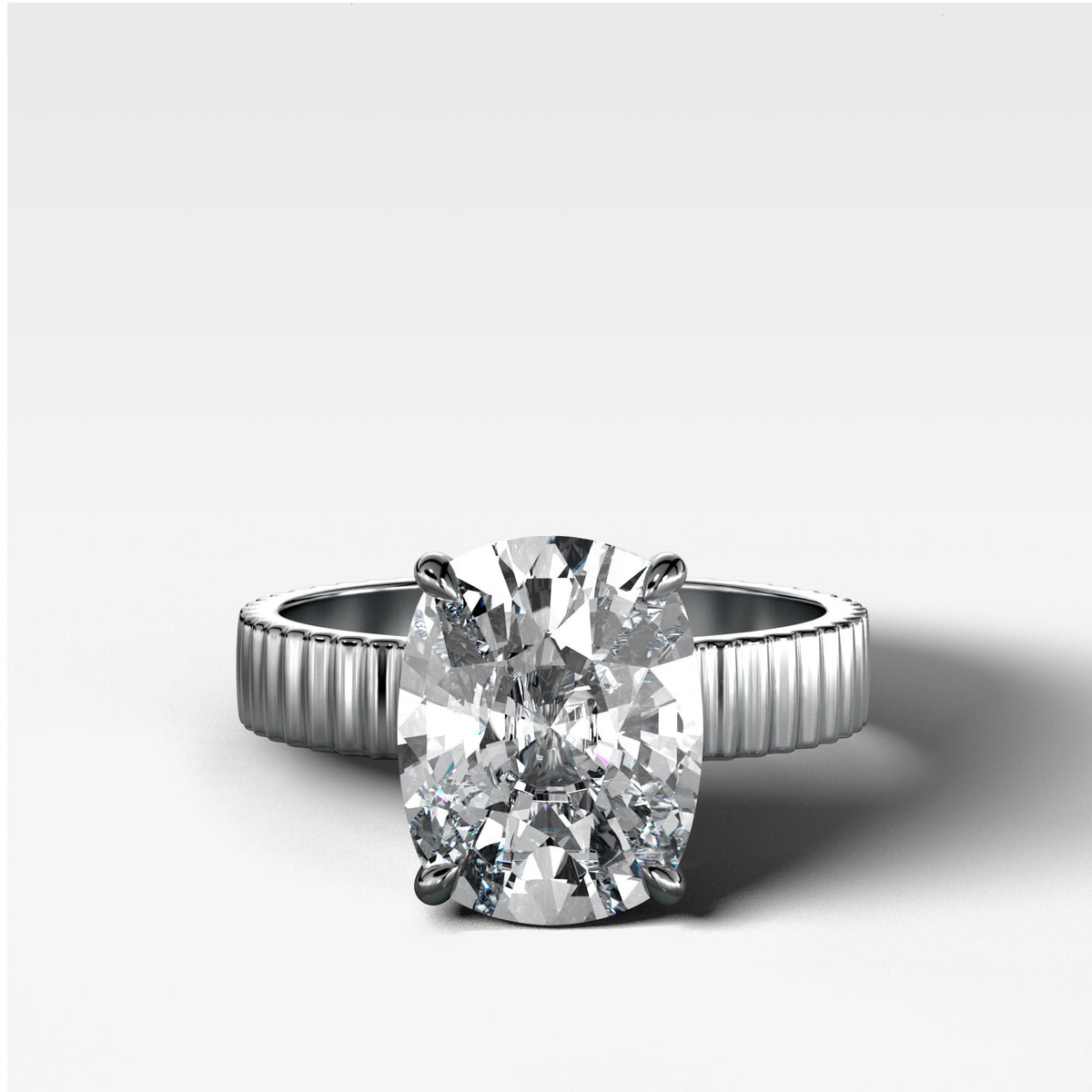 Finest Ridged Solitaire Engagement Ring With Elongated Cushion Cut Diamond