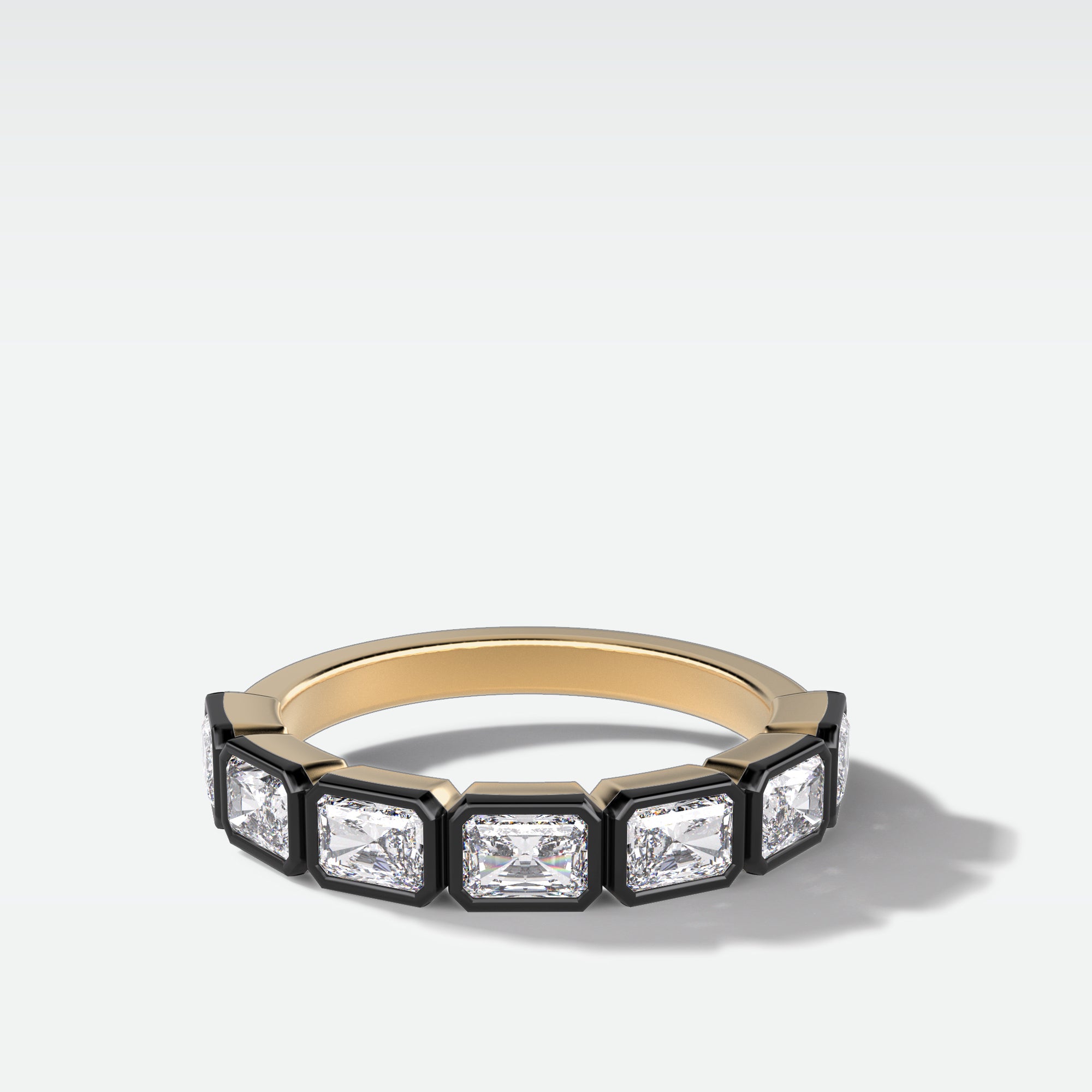 Blackened Midi Bezel Set Halfway Wedding Band With East West Radiant Cut