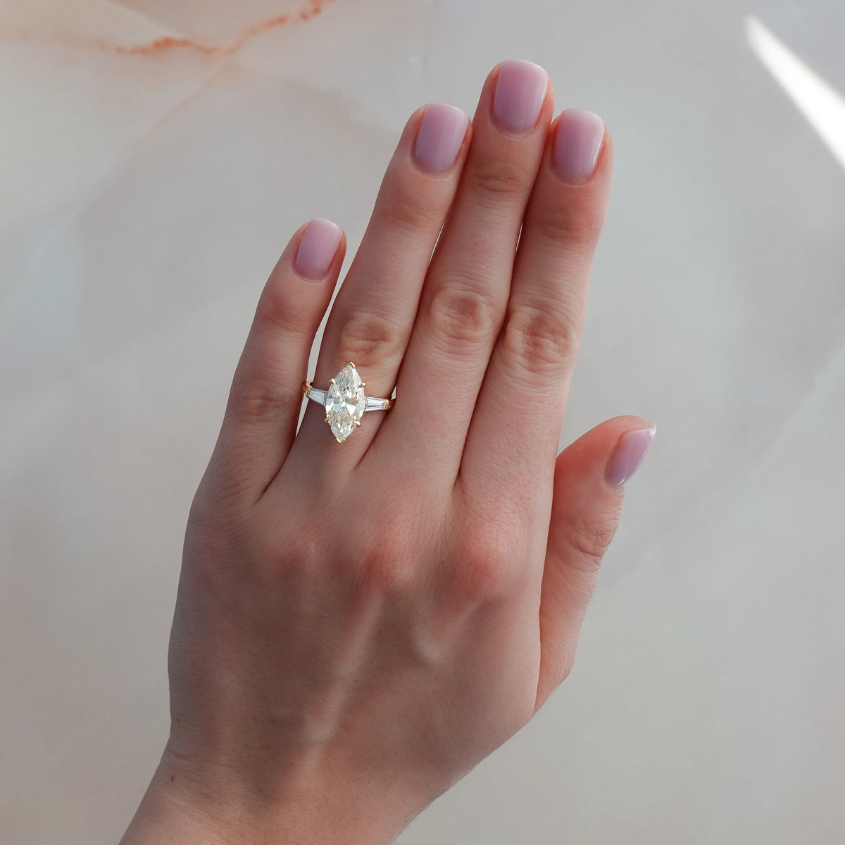 Translunar Tapered Baguette Engagement Ring With Marquise Cut Diamond