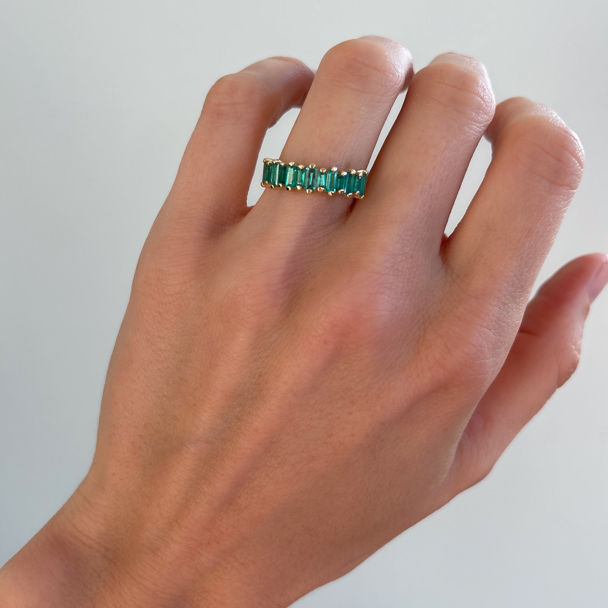 Green Emerald Baguette Stackable Ring by Good Stone in Yellow Gold