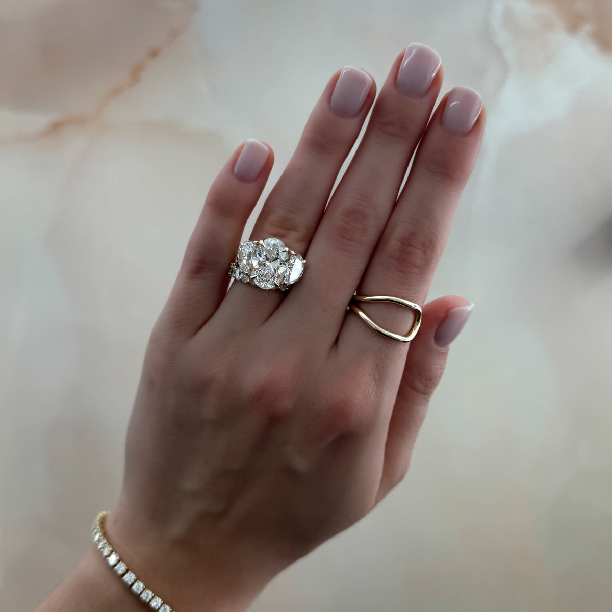 Jumbo Three Stone ring with Half Moon sides &amp; an Oval Cut