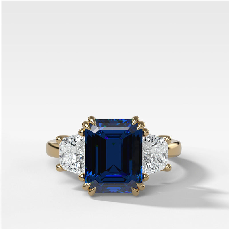 Sapphire Emerald Cut With Trapezoid Side Stone Engagement Ring - GOODSTONE