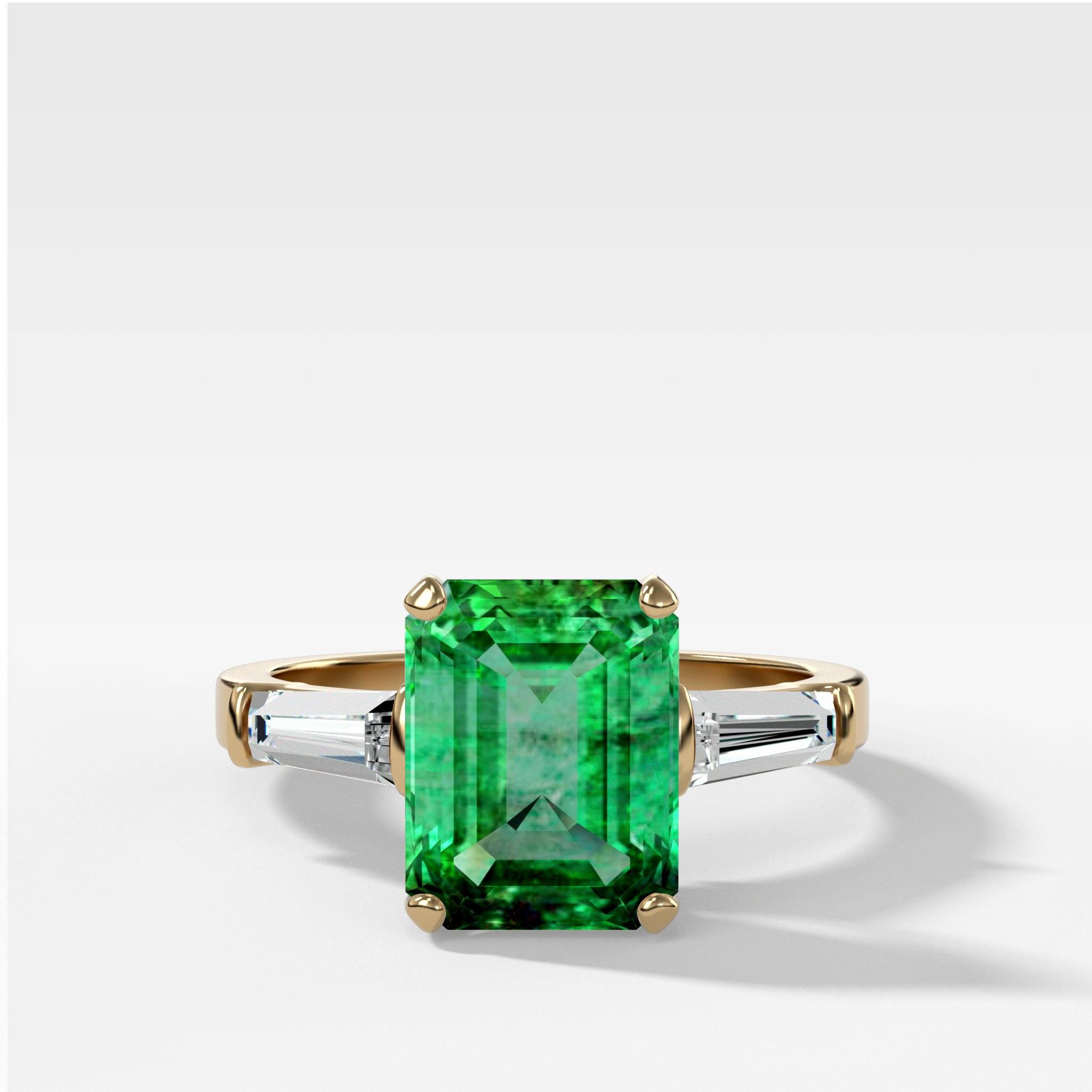 Emerald cut Emerald Translunar Ring with Tapered Baguette Diamond sides by Good Stone in Yellow Gold